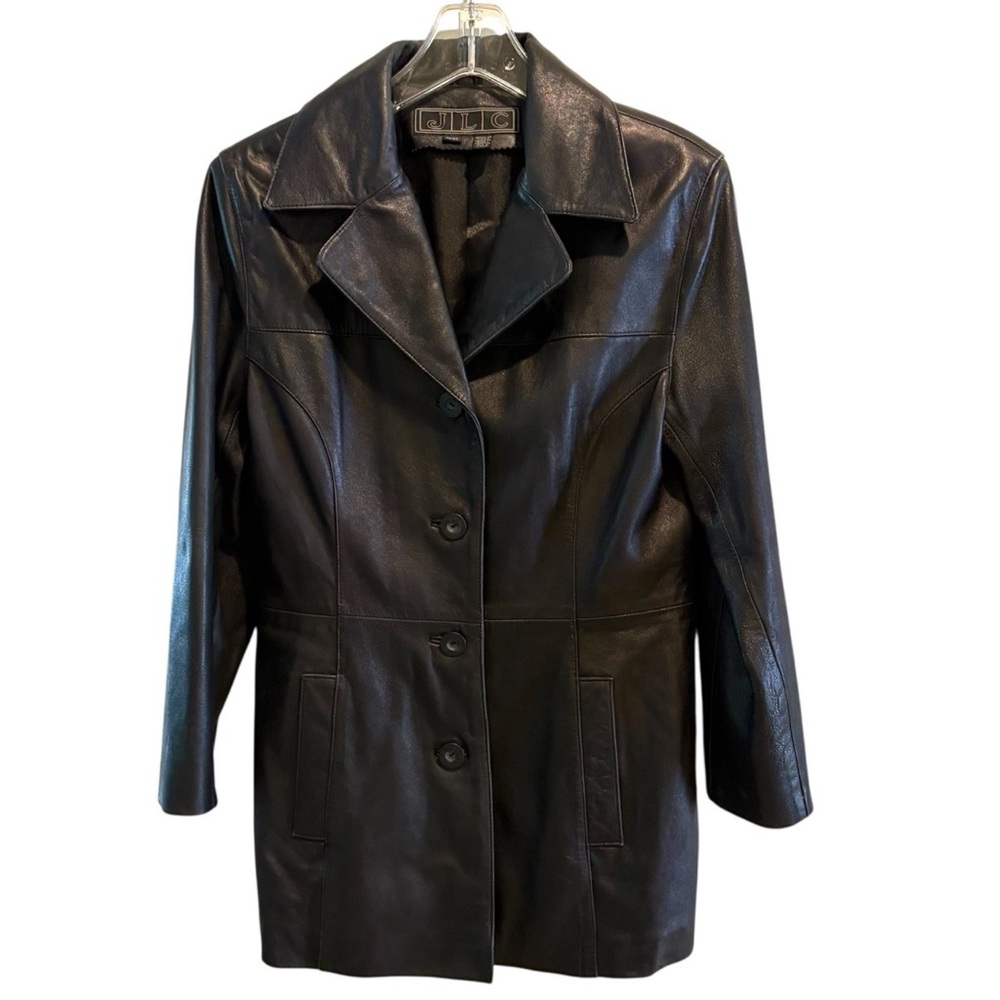 JLC Jacket Blazer Black 100% Leather Collared Button Down M Urban Chic Classic